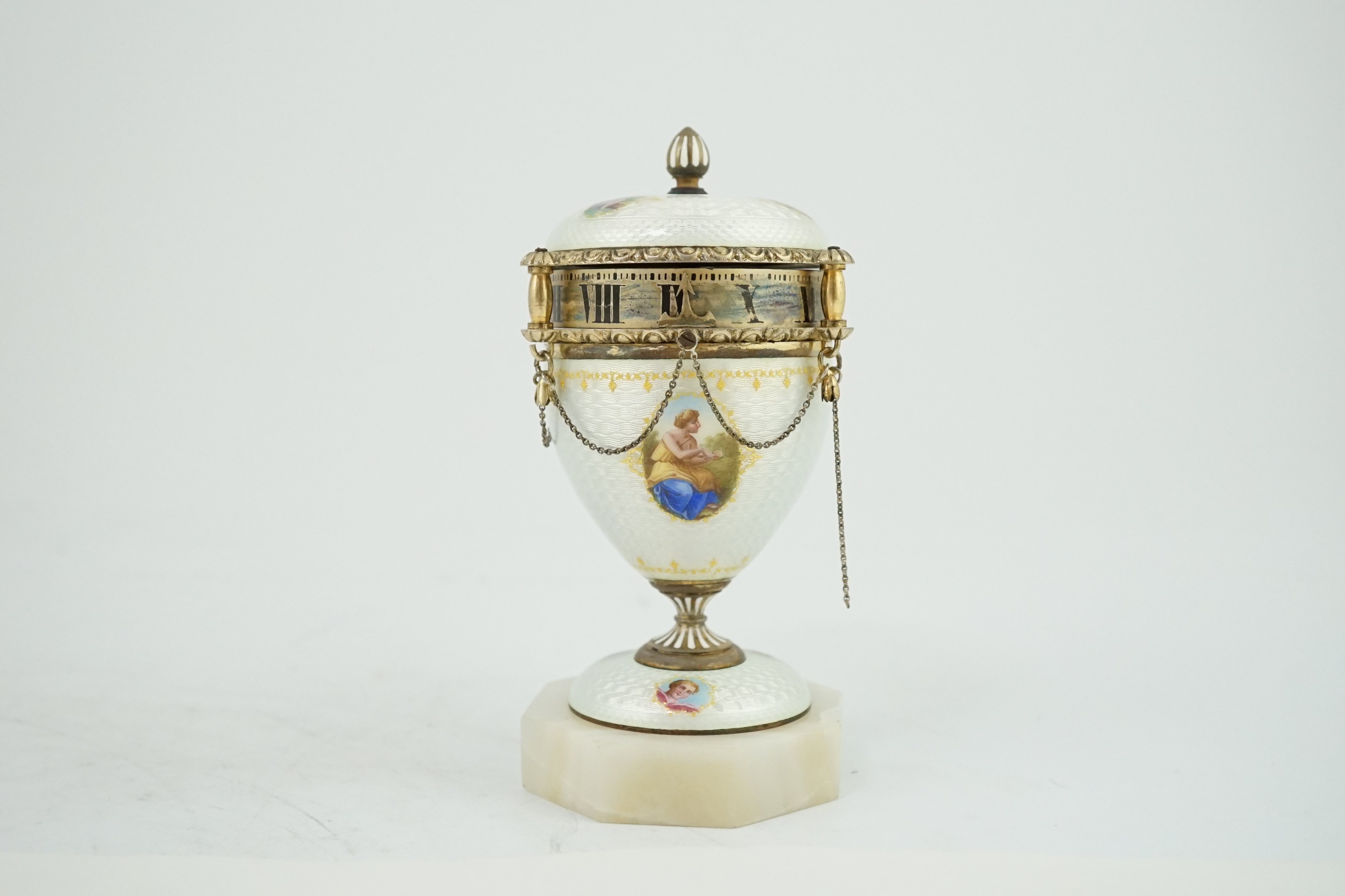 A 19th century Swiss miniature silver and guilloche enamel urn shaped timepiece